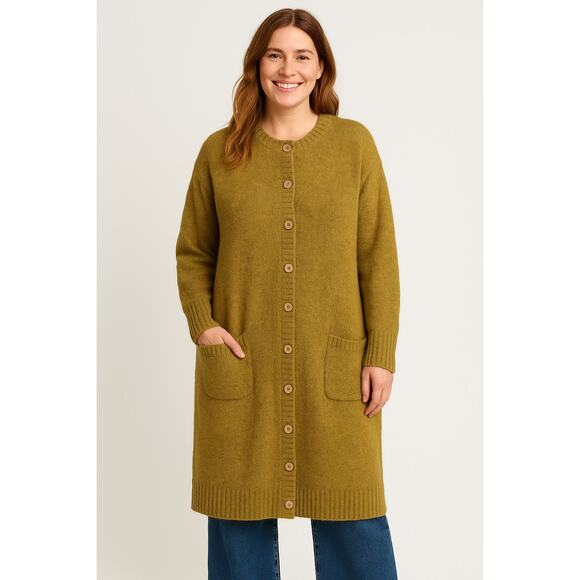 GUDRUN SJÖDÉN Alpaca Wool Blend Long Cardigan Sweater Mustard Yellow Gold XL - Picture 1 of 8